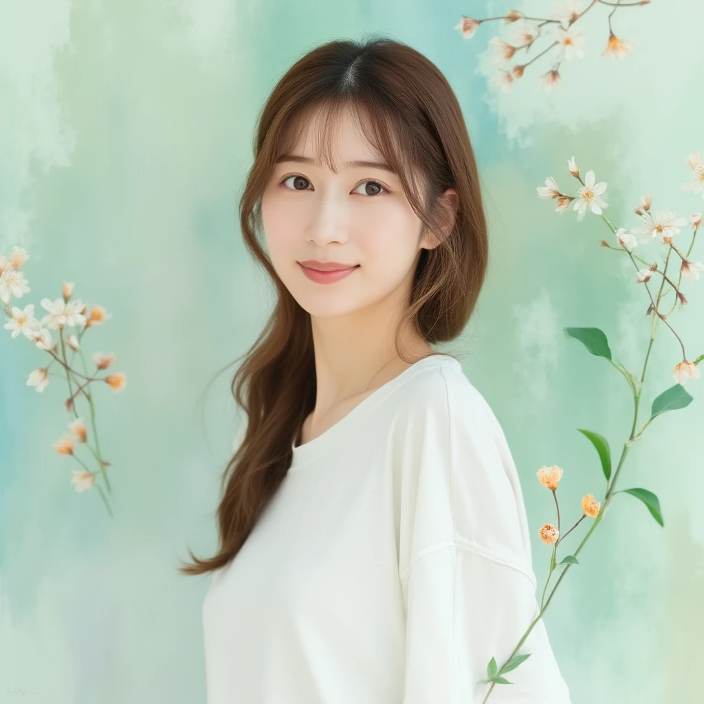 A delicate and artistic portrait of a cute young Asian woman captured against a soft watercolor-inspired background. Her serene expression radiates warmth and tranquility, with a gentle smile that enhances the peaceful mood. Her smooth, fair complexion and natural, light brown hair fall gracefully around her shoulders, complementing the soft tones of the setting.

She is dressed in a loose, clean white T-shirt, the simplicity of her attire emphasizing her natural beauty. The background is a dreamy blend of soft greens and blues with floral accents, resembling watercolor brushstrokes, creating an ethereal, nature-inspired ambiance. Subtle details of leaves and small blossoms enhance the overall harmony, adding a touch of elegance and freshness.

The lighting is soft and even, giving her a radiant glow and enhancing the pastel-like quality of the composition. The overall tone is calming and uplifting, capturing the beauty of simplicity and a connection to nature in a serene, artistic style.