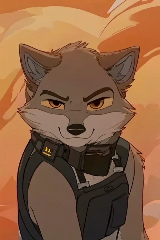 Anthropomorphic furry wolf, wearing a security vest, sniffling the viewer happily 