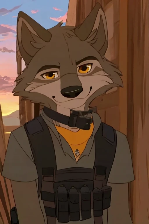 Anthropomorphic furry wolf, wearing a security vest, sniffling the viewer happily 