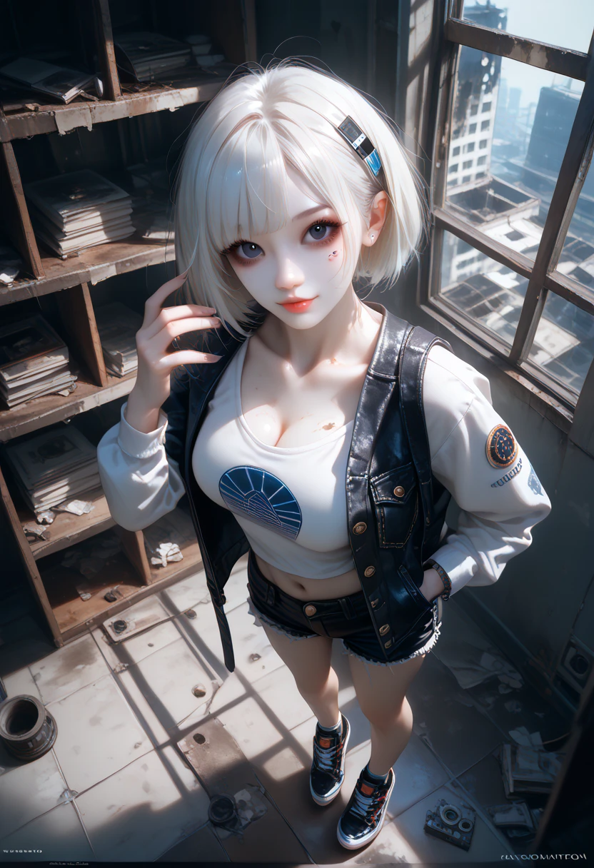 ((Highly detailed CG unit 8k wallpaper, masterpiece, High resolution, highest quality)), (Beautiful woman, put one&#39;s hand in one&#39;s pocket:1.8, grunge fashion:1.2, Wearing a blouson:1.2, Wearing micro mini shorts:1.2, put on shoes:1.1), ((highly detailed face, Highly detailed black eyes, highest qualityのリアルテクスチャスキン)), (random hair style, white skin, ), (inside an abandoned building), (high angle:1.2, Fisheye:1.3), hyper realistic, digital painting,