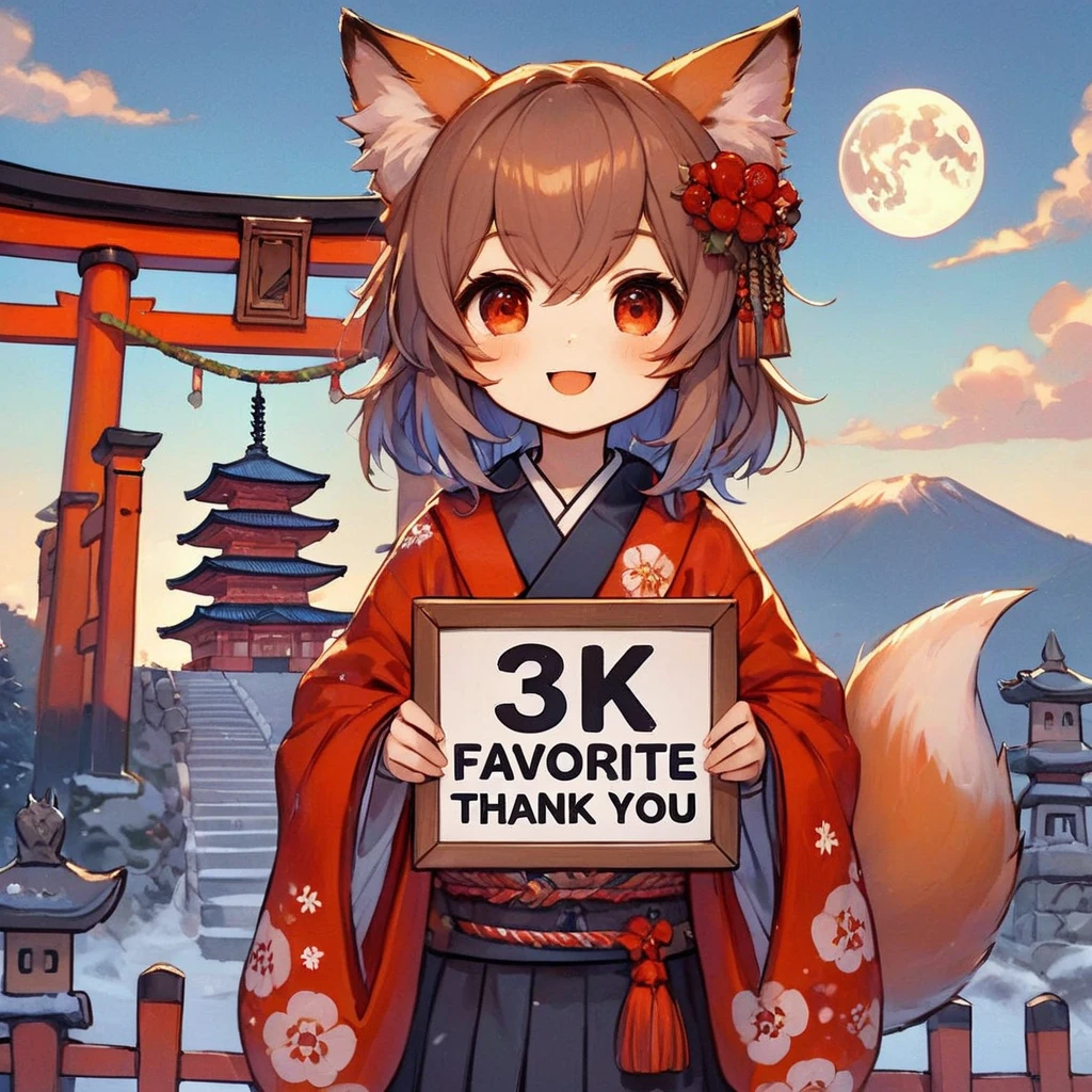   masterpiece :1.2， top quality 、 high definition 、Inari Shrine torii gate 、 Details描写、"3ｋ　favorite　 thank you"Little character holding a board with the word、  white baby fox  ，   A letter with a small red bandana wrapped around the neck  、cute,   Priest  ,      Details，    professional photos ，   happy expression，  Christmas Winter Scenery  ，