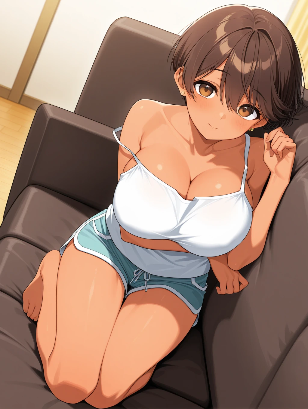 toono mizuki, dark-skinned female, brown eyes, earrings、 1 girl, Alone,      shorts, masterpiece,  top quality ,Big Breasts　　Lean on the sofa　　down　　dutch angle,　shoulder　off、full body,Shota sexually harasses others　Middle-aged fat otaku 　A man asks her to let me photograph her boobs　