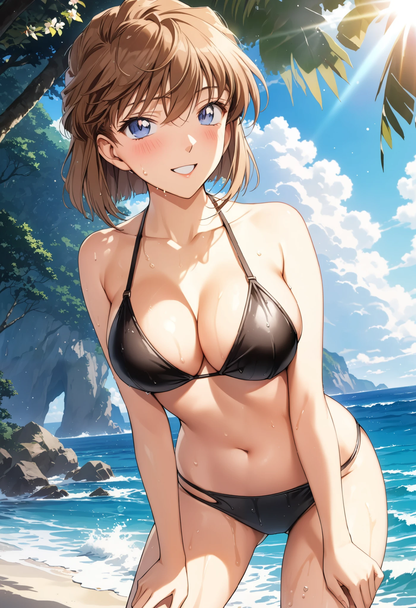 masterpiece, Best Quality, High resolution,16k,official art,super detailed skin,detailed,animated painting,Anime-style painting style, 1990s \(style\),(F cup beautiful breasts)、clevage,underboob,25years old, (tall:1.2),height: 175cm,Fashion model body type, Miyano Shiho, 1girl, solo,light smile, brown hair, blue eyes, semi-long cut hair,breasts,medium breasts, lens flare,sexy black bikini swimwear, (Miyano Shiho),sexy,blush,shy, looking at viewer,sea, outdoors, sunlight,superfine,(ahegao:1.1),(Vulgarity:1.1), (fucked silly:1.2),(So stupid:1.1),(orgasm:1.2),(wet:1.2),closeup