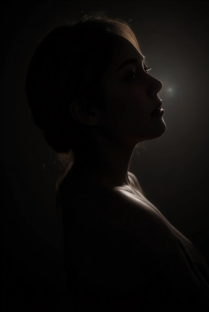 Create a dramatic portrait in silhouette, showcasing the profile of a person with soft lighting that highlights the contours of their face and neck. Use a dark background to enhance the contrast, capturing the elegance and grace of the subject. Experiment with lighting to create a serene, ethereal mood, emphasizing the interplay of light and shadow.