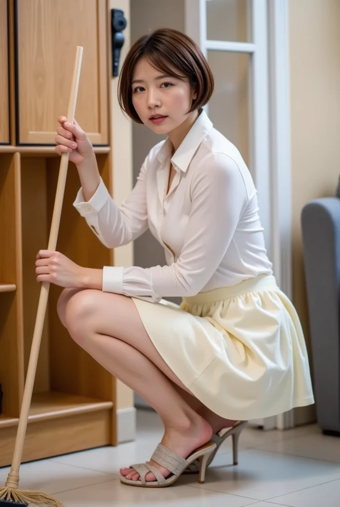  highest image quality taken by Ki、8k、masterpiece、 real、 Sharp Focus 、 high definition 、 yag、One person、 Japanese、 beauty、Brown Hair、 brown eyes、（ Dynamic Poses ）、( small breasts)、 blouse showing cleavage 、Attractive body、 I'm cleaning the front door with a short broom、slouch、Crouching、you can understand my chest well 、 skirt with slits 、Sandals、 short hair