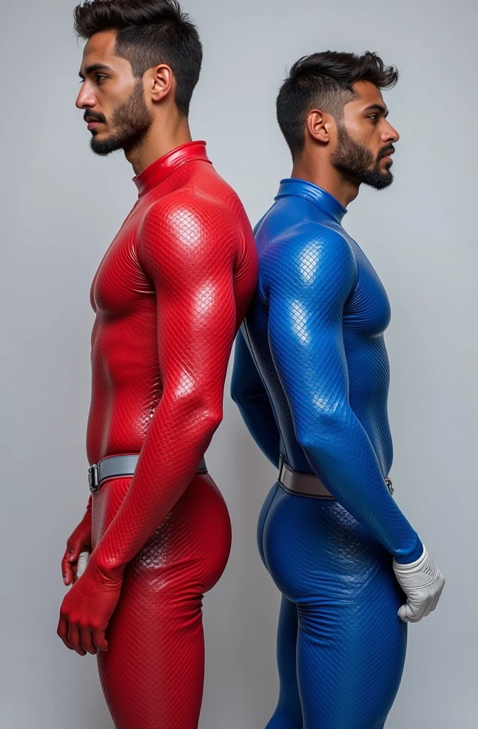 Full body photorealistic shots of handsome hunky slender Super Twins, back to back.
(full Body photorealistic handsome Hunky John wearing a red micro scales textured tight fit leather spandex with boots and gloves. White details in the suit ,in action)
(full Body photorealistic handsome Hunky Jonathan  Black haired, wearing a blue micro scales textured tight fit latex spandex with boots and gloves. White details in the suit ,,in action)