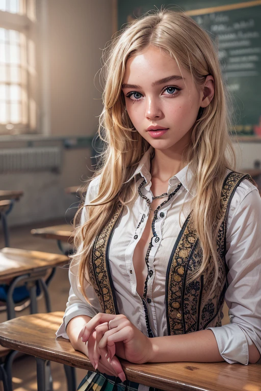 (Sienna), Masterpiece, a 18 years old girl with long blonde hair, wearing a shirt and pleated skirt, in a classroom, (best quality, high quality), hyperdetailed, highres, high detail, intricate detail, HDR, 8k, sharp focus, detailed background, perfect hands, realistic eyes, detailed skin texture, (blush:0.5), (goosebumps:0.5), subsurface scattering,
