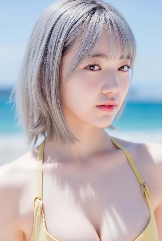  top quality , super high res,(( ))((younger sister))((10th Generation)),1 person,whole body,Light grey hair,  white hair straight long hair cool look in the sky, staring at the camera,Beautiful skin Yellow bra only, small breasts, bed,ＭSplitting characters( small boobs :1.3)