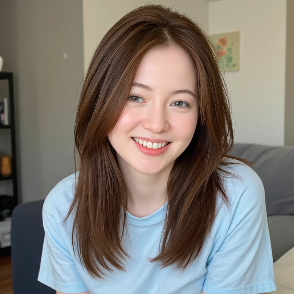 RAW photo of m0n4el1s4 woman, wearing a light blue tshirt, in a living room, detailed face, natural lighting, highly detailed, absurdres, smile happy
