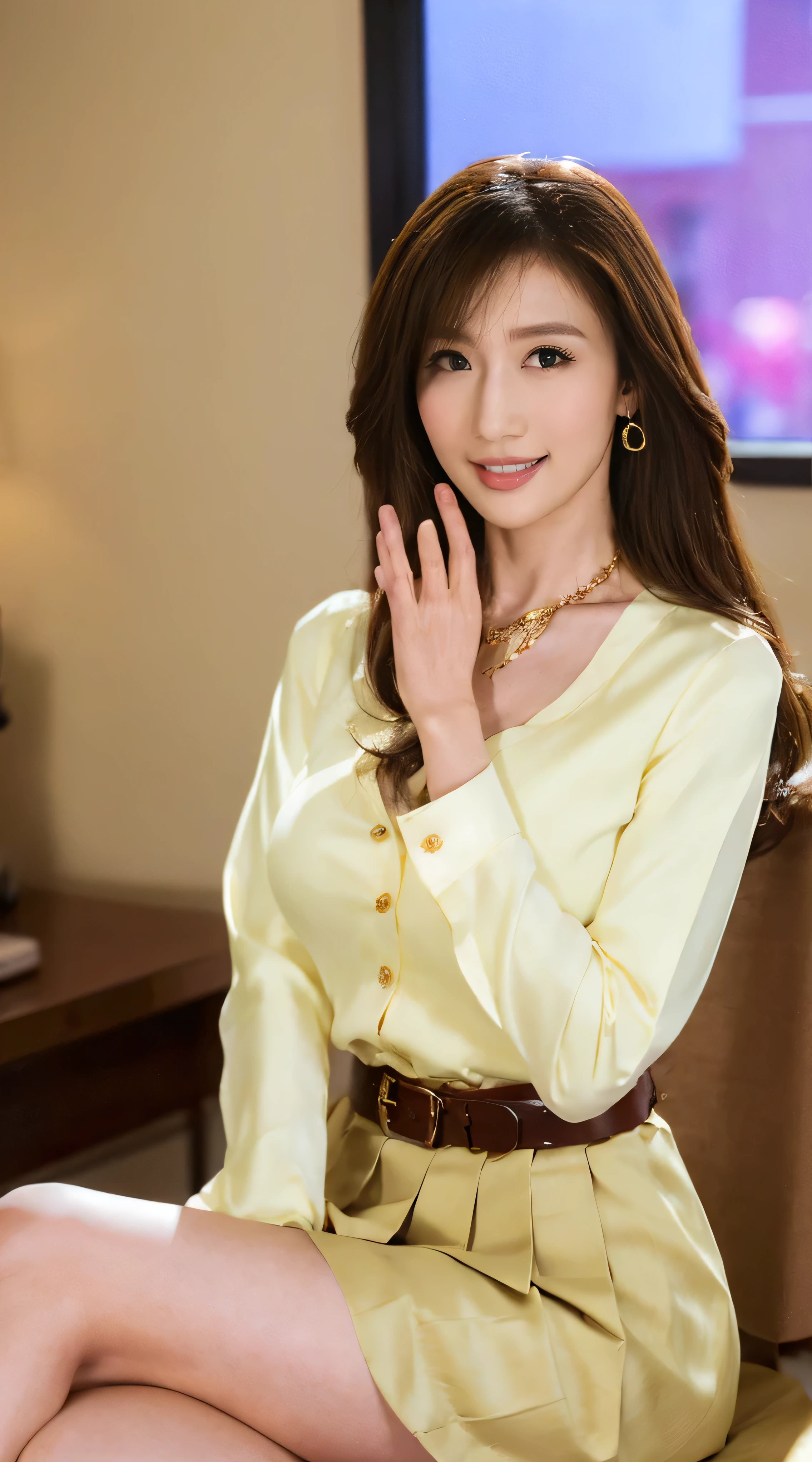 whole body、field, best quality, Realistic, super detailed, down to the last detail, High resolution, 4k wallpaper, Beautiful Detailed Face 、 blue-white skin、Realistic glowing skin、 detailed cloth texture、 detailed hair texture 、 Perfect Body 、 beautiful face、correct、 anatomically correct、 highly detailed facial and skin textures 、 natural neck length with a cross-shaped iris、( beautiful hands)、(Fair skin:1.2)、Thin legs、細い足、 BREAK Fine eyes、 symmetrical eyes、 Light Brown Eyes 、 double eyelids in judo uniforms、 thin eyebrows、( shiny lips:1.4)、(( gentle smile :1.2))、(blush:1.1)、 break (Elegant and cute girl:1.3)、(Slim body type:1.1)、 tight abs 、 beautiful collarbone、(( asymmetrical bangs:1.2))、(( in a stylish office at night:1.4))、( cowboy shot:1.2)、((shy smile:1.4)),((mideum breasts:1.4)),((Super long brown hair reaching to her waist:1.4)),((standing gracefully:1.6))((((Place your left hand gently on your chin:1.5))((gold necklace_Large earrings:1.2)),)),(((beige button silk shirt、a belt、a white pleated skirt:1.5)),((sitting on a chair:1.5))((Sitting elegantly with crossed legs:1.5))
