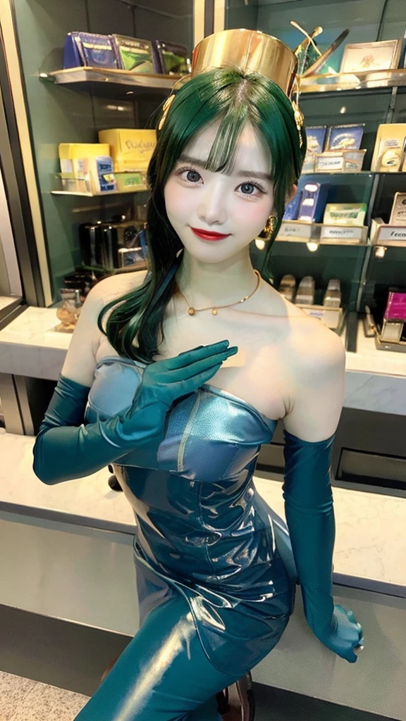 (masterpiece, top quality ,Ultra delicate, perfect face,16k, high definition ,  very beautiful women), atsugessho:1.3, deep green hair , blue latex bodycon dress,  Long blue latex gloves , light Green tights,  Big Breasts ,tall cylinder shaped Gold Headpiece ,  blue-white skin, Red gem on forehead, ((Cosmetics counter )),  necklace,  smile , cowboy shot