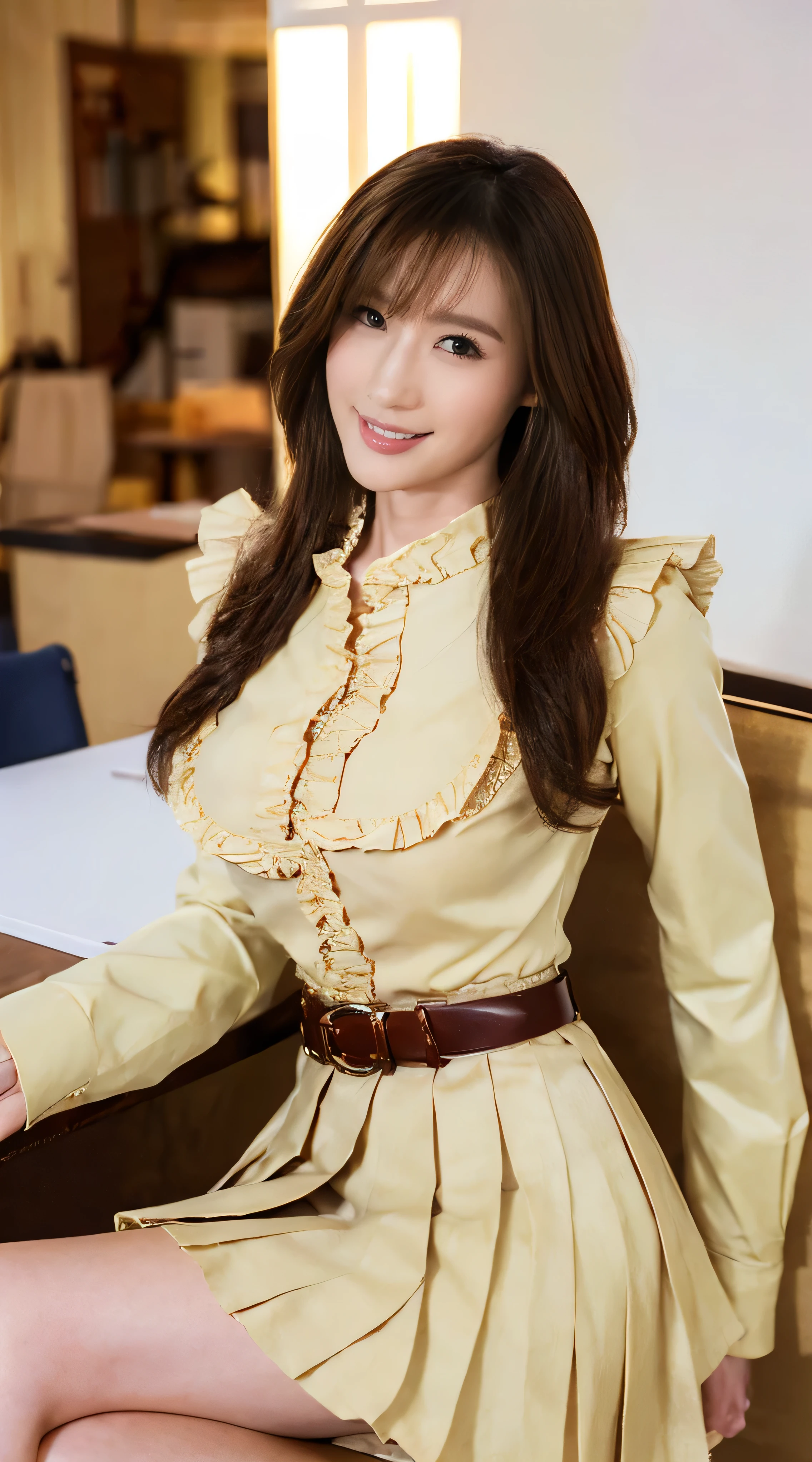 whole body、field, best quality, Realistic, super detailed, down to the last detail, High resolution, 4k wallpaper, Beautiful Detailed Face 、 blue-white skin、Realistic glowing skin、 detailed cloth texture、 detailed hair texture 、 Perfect Body 、 beautiful face、correct、 anatomically correct、 highly detailed facial and skin textures 、 natural neck length with a cross-shaped iris、( beautiful hands)、(Fair skin:1.2)、Thin legs、細い足、 BREAK Fine eyes、 symmetrical eyes、 Light Brown Eyes 、 double eyelids in judo uniforms、 thin eyebrows、( shiny lips:1.4)、(( gentle smile :1.2))、(blush:1.1)、 break (Elegant and cute girl:1.3)、(Slim body type:1.1)、 tight abs 、 beautiful collarbone、(( asymmetrical bangs:1.2))、(( in a stylish office at night:1.4))、( cowboy shot:1.2)、((shy smile:1.4)),((mideum breasts:1.4)),((Super long brown hair reaching to her waist:1.4)),)((gold necklace_Large earrings:1.2)),)),(((beige button frilled shirt、a belt、a white pleated skirt:1.5)),((sitting on a chair:1.5))((Sitting elegantly with crossed legs:1.5))
