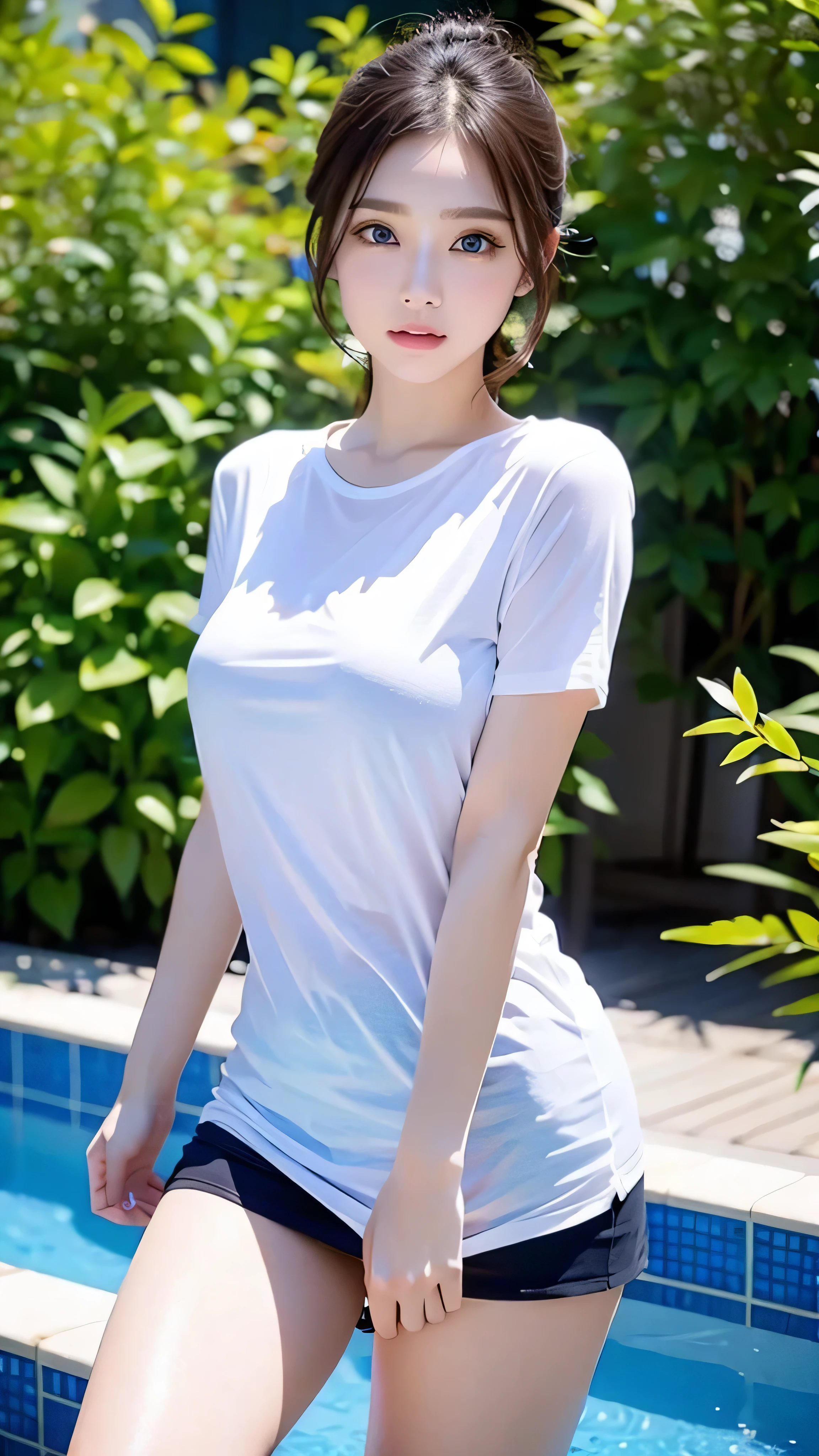  and is wearing a  ( Shoulder length ), Blue eyes and big breasts.  she's wearing a white t-shirt , Round neck, Long Fit、Short sleeve,  no bra,  she also has 、 unicolor black cotton miniskirt that realistically creates a blond young woman. She climbs out of the pool,  Soaking.  the t-shirt fits my body perfectly 、It&#39;s a little transparent.  full body,  wide angle shot wearing a flashy national costume .  