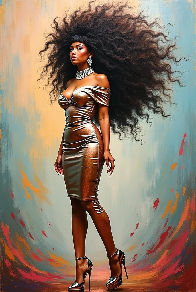 Oil painting, vibrant colors, ((sensual black woman)) in flowing dress, confident gaze, golden hour, rich brushstrokes, abstract background