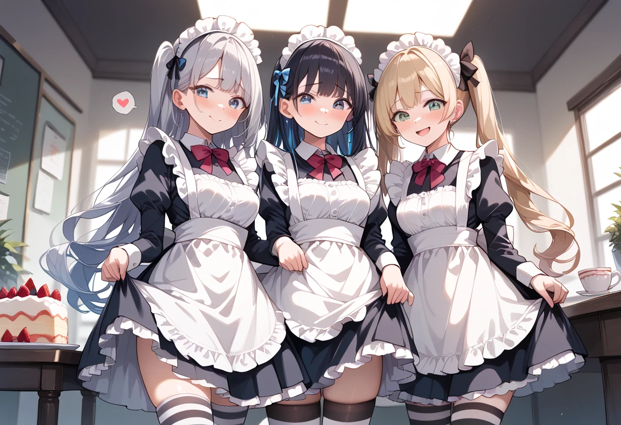 ((masterpiece, best quality, ultra detailed, high resolution, detailed facial description)), (2 girls:1.3, Girls with height differences), (1 girl is tall:1.2, black long hair), (1 girl is short:1.2, twin tails), (maid, maid headdress, maid apron), (mini skirt:1.2, black and white striped thigh highs:1.1), (lifted by self, skirt lift:1.3, show panties:1.1), (modest breasts:1.3, hand under clothes), (good smile, embarrassed:1.1, blush:1.3), (spoken heart), standing, (inside, maid cafe:1.1, Cake on the table), nsfw