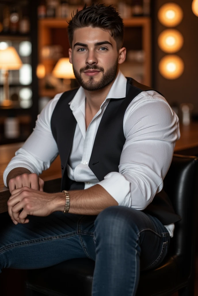 Cody Christian, handsome white and black shirt, bearded and muscular man, very handsome and manly, intricate, elegant, Sharp focus,  soft lighting, masterpiece, in an minimalistic bar, bien iluminado, sexy Whole body, blue jeans con estoperoles ,big bulge  , elegant sexy hot, thick belt with studs, strong and muscular legs,  big lump male hands , very handsome , perfect hands Striped shirt sitting , flexing one arm ,