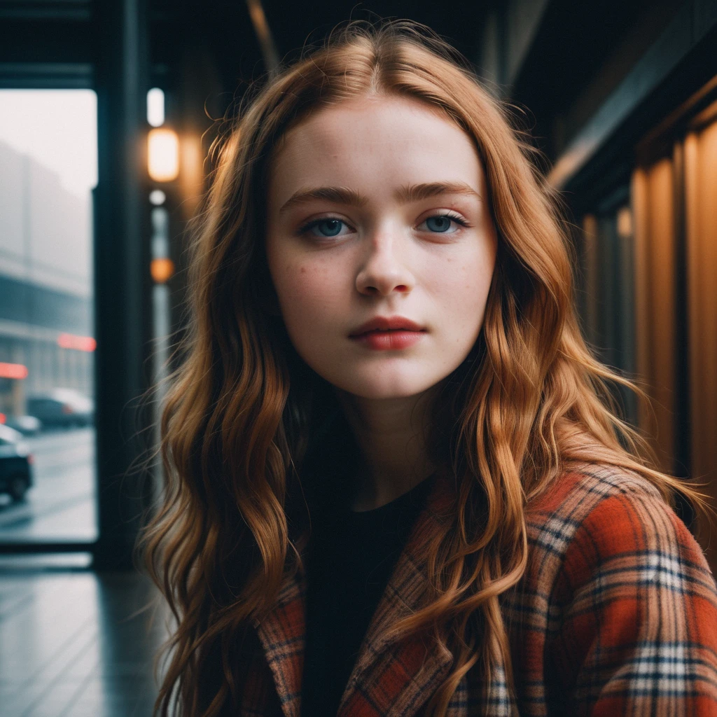 close-up headshot of ((ohwx woman)), ,a girl standing alone, corridor, unlit transit station,  dark night, film grain, depth of field, analog film style, vivid color, 1girl,  upper body,
(looking at  the viewer:1.2),
long hair, blond,   plaid skirt, fog, (night, dark, dark photo, grainy, dimly lit:1.3),  best quality, high quality, (realistic), (absurdres:1.2), UHD, ultrarealistic, noise,
soft skin,  (flying butterflies:1.2),
long messy hair,
film grain, depth of field, analog film style,
editorial photo,  woman, wide hips,
(best quality:1.2), absurdres, BLOOM, fog,
shot on Fujifilm Superia 400, Short Light,  32k, cinematic composition, professional color grading, film grain, atmosphere, wondrous, very sunny,
motion blur,naked red hair 