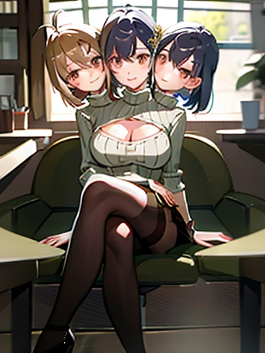 (masterpiece, best quality), best resolution, (3heads:1.5), 1girl, shi mumei, grey turtleneck with cleavage, sitting down, crossing legs, high heels