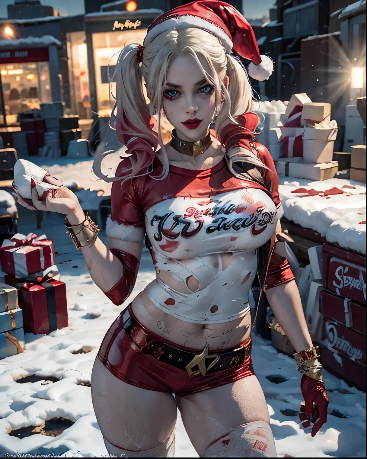 Harley Quinn wearing a sexy short and tight red dress with white embroidery, (with a Santa Claus hat), long legs, standing on a snow cuty, white pale skin, beautiful face, perfect body, big red lips, snow city background, best illumination, intricate, photorealistic, ultra HD, 16k.