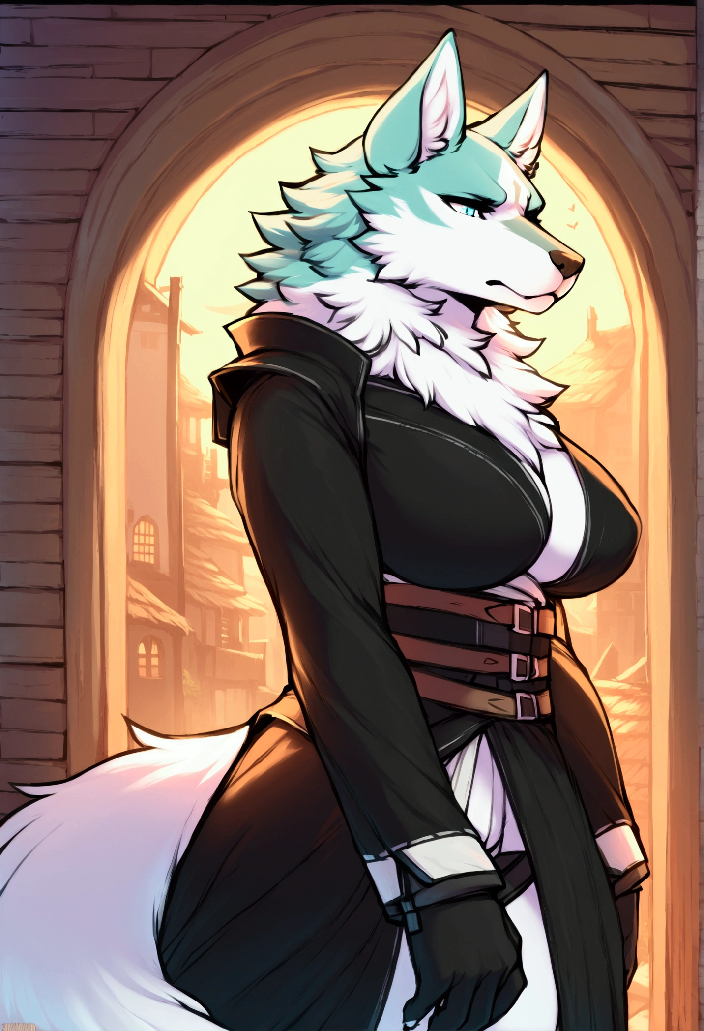 (top quality, best quality, Iriedono, High-quality illustrations, masterpiece, perfect artwork, cinematic light and shading, 16k, 1080p, uploaded on e621)(kemono, furry, anthro, alone), 1 larger female, (very detailed body, face, tail, arms, hands, legs, head and eyes), Assasin’s Creed, wolf, Shirou Ogami, (Brand New Animal), big breasts, thick thighs, fur, fluffy, wolf ears, wolf fluffy tail, perfect eyes, blue eyes, black pupils, beautiful Assasin outfit, beautiful Assasin armor, beautiful night village, body movement, body twitching, jiggle physics,