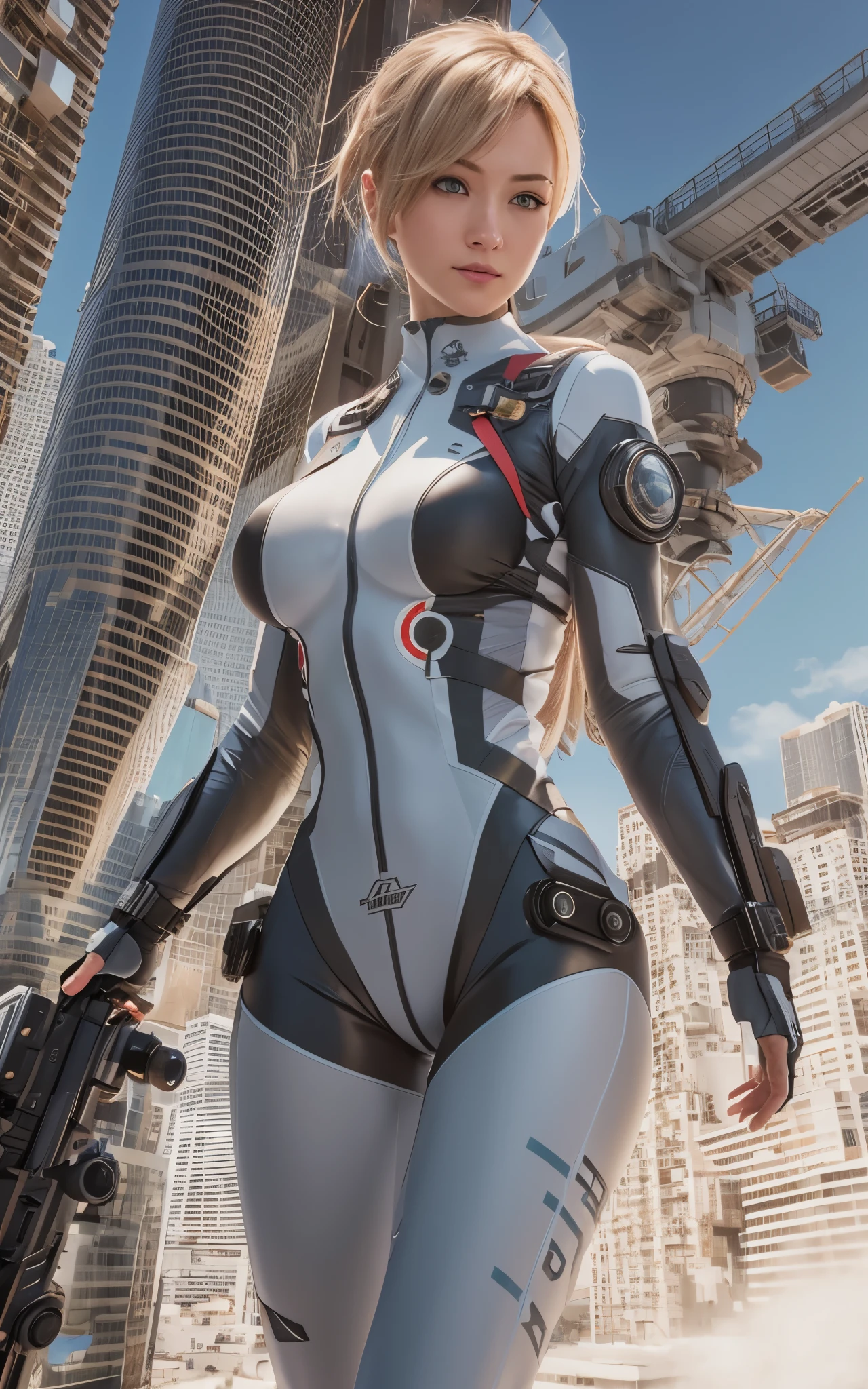 ((Best Quality)), ((masutepiece)), (Detailed: 1.4), (Absurd), Caucasian female fighter pilot ready for war, front walking, muscular sculptural body defined, Closed mouth, muscular body covered by technological clothing, Cyberpunk, ((perfect large breasts)), (blue eyes without pupils), long manga-style eyelashes, close to real, Crazy face, Sexy Pose, Centered, scale to fit the dimensions, nffsw (High dynamic range),Ray tracing,Hyper-Resolution,Unreal 5,Subsurface Dispersion, PBR Texture, Post-processing, Anisotropy Filtering, depth of fields, Maximum clarity and sharpness, Multilayer textures, Surface Shading, accurate simulation of light and material interactions, Perfect proportions, thirds rule, top-quality, ultra-detailliert, Being on the roof of a skyscraper, Smooth bodysuit, spiffy white zero suit