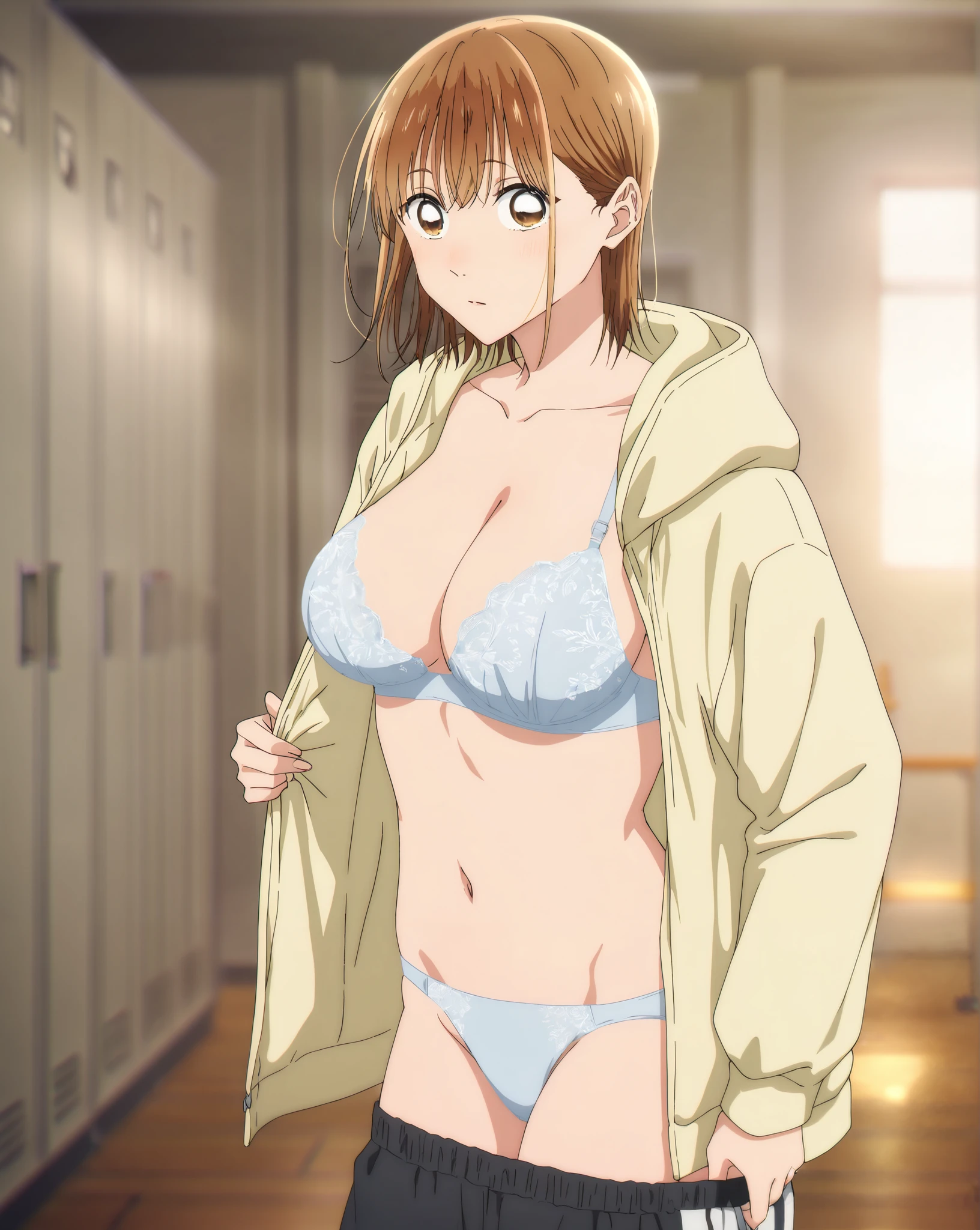   1 girl, Alone, Chinatsu,   Blurry Background, locker room、  light blue lace bra、 light blue panties、The act of undressing、、panic、 watching viewers, masterpiece,  top quality,   High Quality ,     very aesthetic  ,   absurd、side、  I'm shirtless in the lobby 、 Naked 、  small 、   big areolas supporting breasts、belly button、  brown eyes、 raised 、  hoodie、 pants