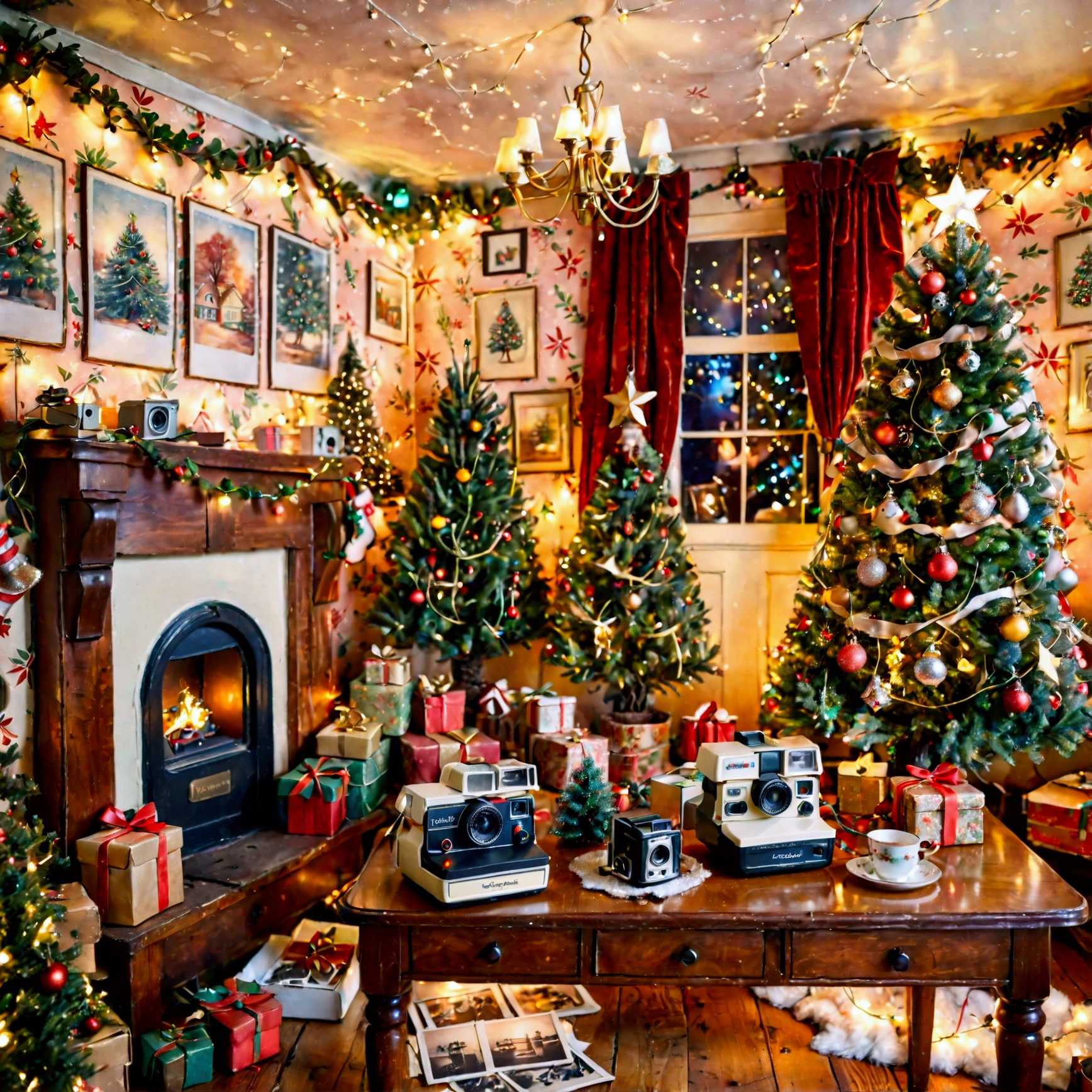 A nostalgic Christmas scene featuring a retro-style room with a beautifully decorated Christmas tree in the background, and a vintage Polaroid camera placed on a wooden table. The tree is adorned with classic ornaments, tinsel, and soft glowing lights that cast a warm ambiance over the room. The Polaroid camera, with its timeless design and slight wear, sits prominently on the table, alongside scattered printed Polaroid photos capturing festive moments. The room has a cozy vintage aesthetic, with soft lighting, patterned wallpaper, and a sense of holiday nostalgia enhanced by delicate watercolor-style brushstrokes, (retro-style room, Christmas tree, vintage Polaroid camera, wooden table, nostalgic, classic ornaments, tinsel, glowing lights, cozy atmosphere, printed Polaroid photos, patterned wallpaper, soft lighting, warm ambiance, watercolor style, holiday nostalgia, timeless design)