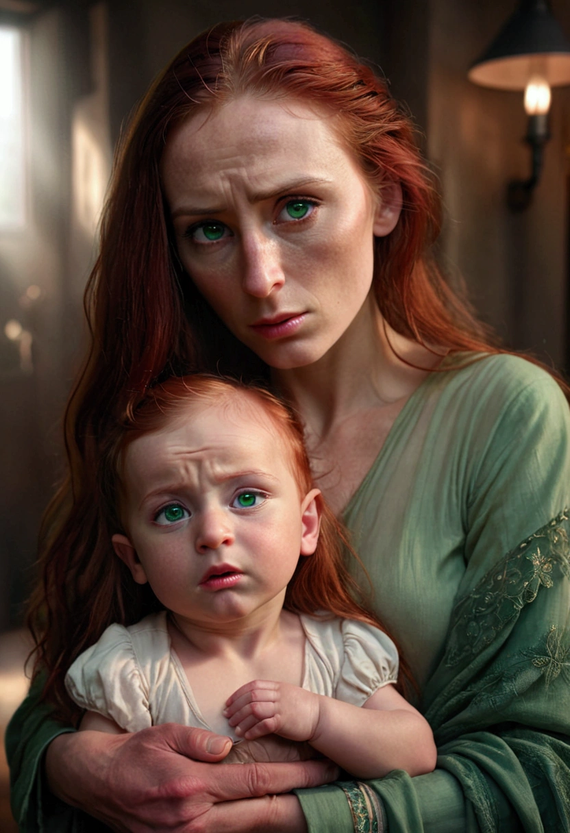 A beautiful young woman with long red hair holding , green eyes a small baby in her arms, the 's father is a stern-looking man with a hooked nose, ethereal lighting, detailed realistic portrait, cinematic composition, dramatic chiaroscuro lighting, deep emotional expression, cinematic quality, 4k, masterpiece, highly detailed, photorealistic