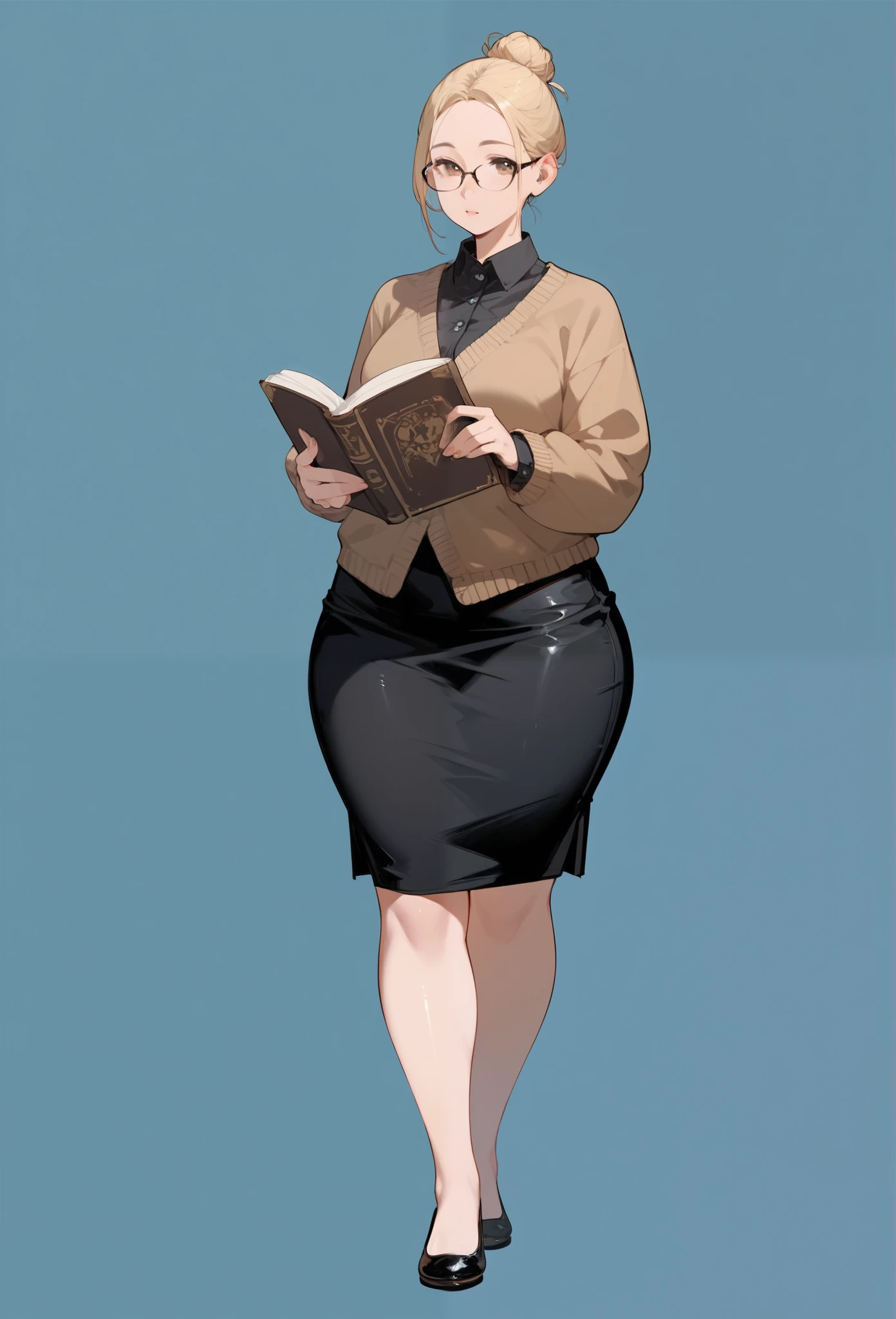 8k quality, hd, pale adult woman, medium breasts, thick thighs, massive thighs, wide hips, short blonde hair in a sleek hairbun, hair tied back, exposed forehead, top hair bun, short hair, glasses, brown cardigan, black blouse, conservative skirt, long black skirt, long pencil skirt, long skirt, thick thighs pressed together, very thick legs, thick calves, wearing ballerina flats shoes, black footwear, facing forward, she is standing, legs and feet in the photo, full body shown, voluptuous, detailed face, 8k quality, full body shown, holding books