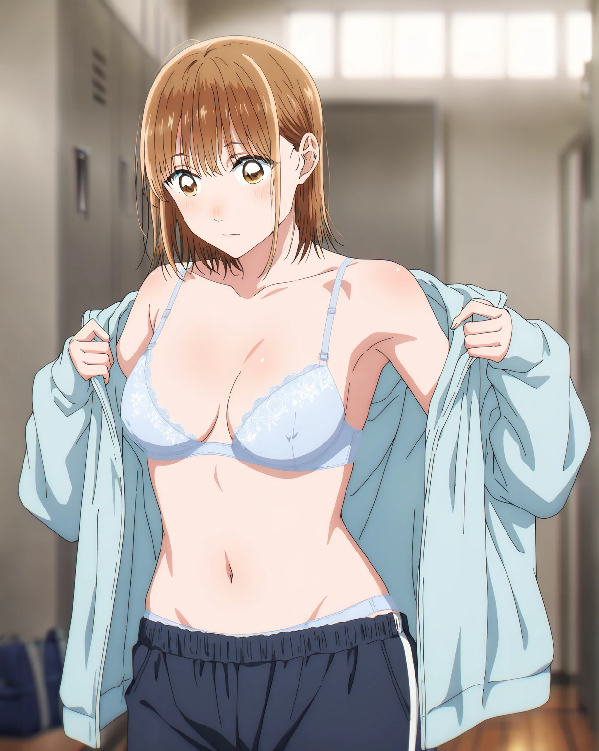   1 girl, Alone, Chinatsu,   Blurry Background, locker room、  light blue lace bra、 light blue panties、The act of undressing、、panic、 watching viewers, masterpiece,  top quality,   High Quality ,     very aesthetic  ,   absurd、side、  I'm shirtless in the lobby 、 Naked 、  small 、   small breasts、belly button、  brown eyes、 raised 、  hoodie、 pants, show off nipples,