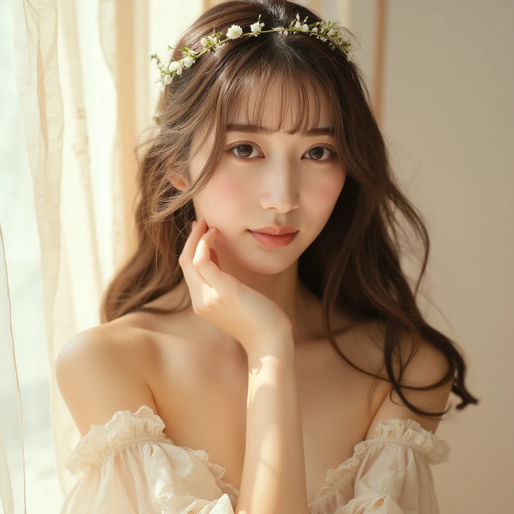 A breathtaking and elegant portrait of a young Asian woman, radiating beauty and sophistication. Her long, dark brown hair flows effortlessly, adorned with a delicate white floral crown that adds a touch of natural grace. Her expressive, deep brown eyes are framed by soft, natural makeup, and her gentle, poised expression exudes warmth and refinement.

She is dressed in an off-shoulder, cream-colored dress with soft ruffled details that enhance the delicate, ethereal quality of her appearance. Her hand lightly touches her chin, adding an air of thoughtfulness and charm.

The background is softly illuminated with a neutral, airy tone, featuring abstract elements of curved lines and soft light that complement her serene presence. The lighting highlights her flawless complexion and creates a radiant, dreamy atmosphere, perfectly blending natural elegance with an artistic touch.