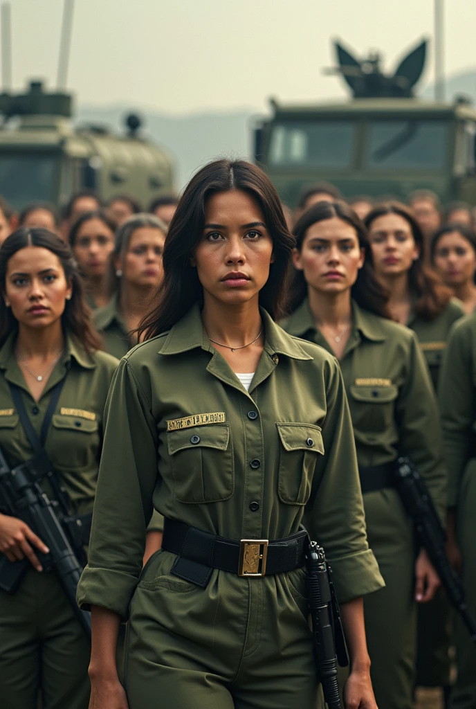 Create a logo of united Brazilian military women, They want justice and behind them a shiny gray pull-up bar
