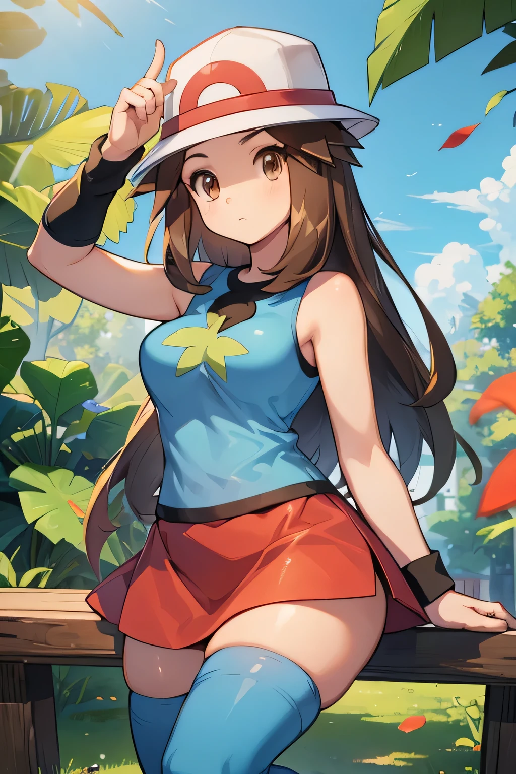 masterpiece, best quality, medium breasts, (curvy), cute, eyelashes, zzleaf, leaf (pokemon) brown eyes, brown hair, long hair, hat, long hair, blue shirt, sleeveless, wristband, red skirt, blue socks, white footwear 