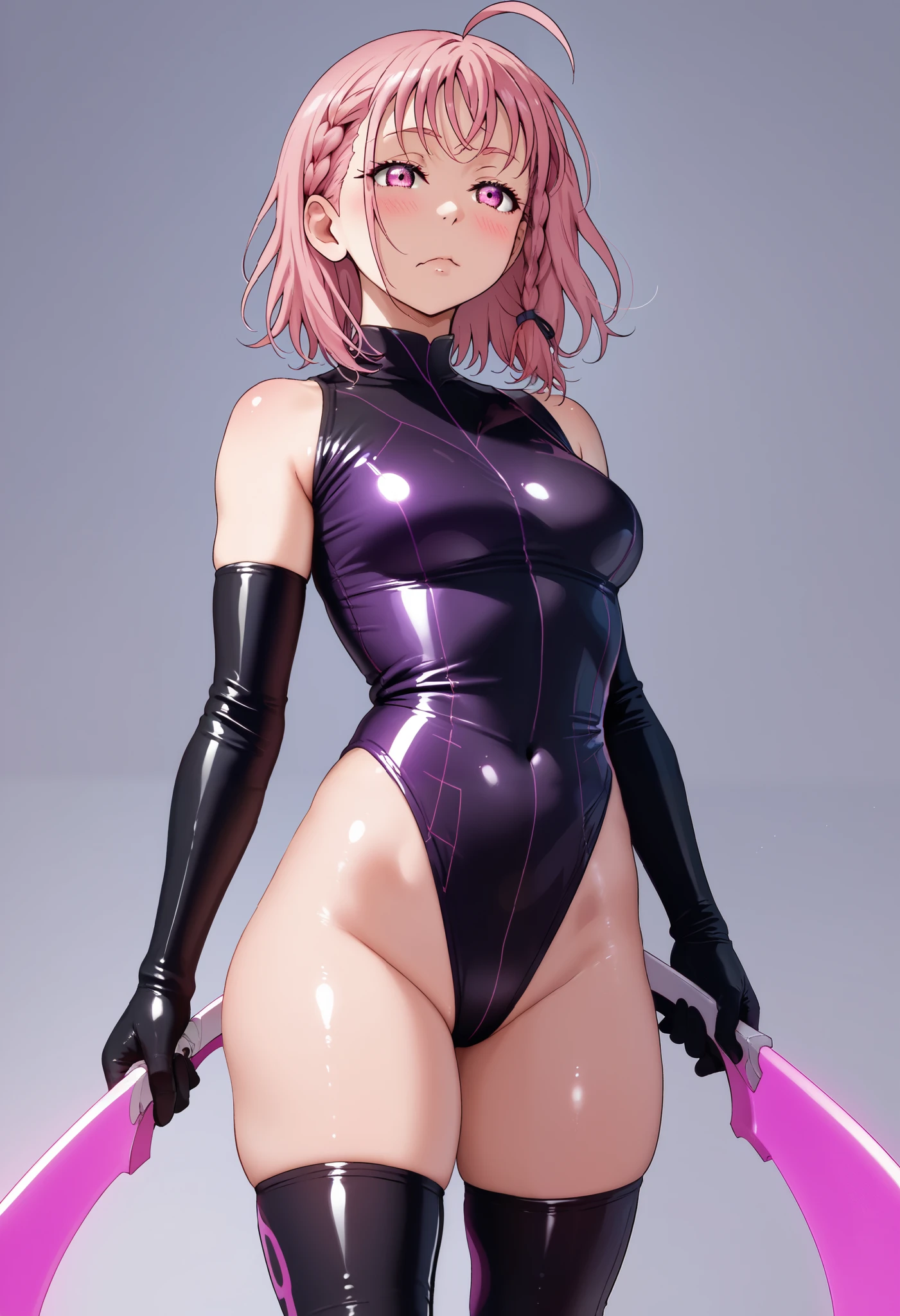  takami chika, medium hair, dark pink hair, standing, sporty athletic build, vibrant colors, RUKIA Style, ahoge, blush, braid, side braid, aroused, split mouth, black shiny leotard, black shiny elbow gloves, black shiny thighhighs, purple clothes edges, holding neon sword,half open eyes, unbalanced,off guard,front view,latex clothes