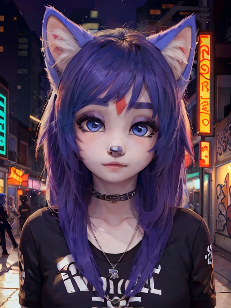 Portrait,((krystal)), Star Fox-Krystal, lovable, green eyes, (((  Long blue hair 1  .3))), Decollete, anthro, blurred,  detailed Fluffys fell,   detailed face  , (Fluffy),   1 girl, ,woman, Goth, green eyes, Undercut, Ultra-realistic 8k CG  ,   masterpiece, ((  ultra-accurate backgrounds, delicate patterns,   complex part  )),   best quality ,   complex part  s,   chromatic aberration,   1 girl, full height  ,   long hair, dirty hair,   red markings  ,   hair over one eye , Sharp eyes, Necklace, , colorful graffiti, Hallo, dim light,   roadway  ,   masterpiece,   best quality , , Score_9, Score_8_high, Score_7_high, emo haircut :1.4