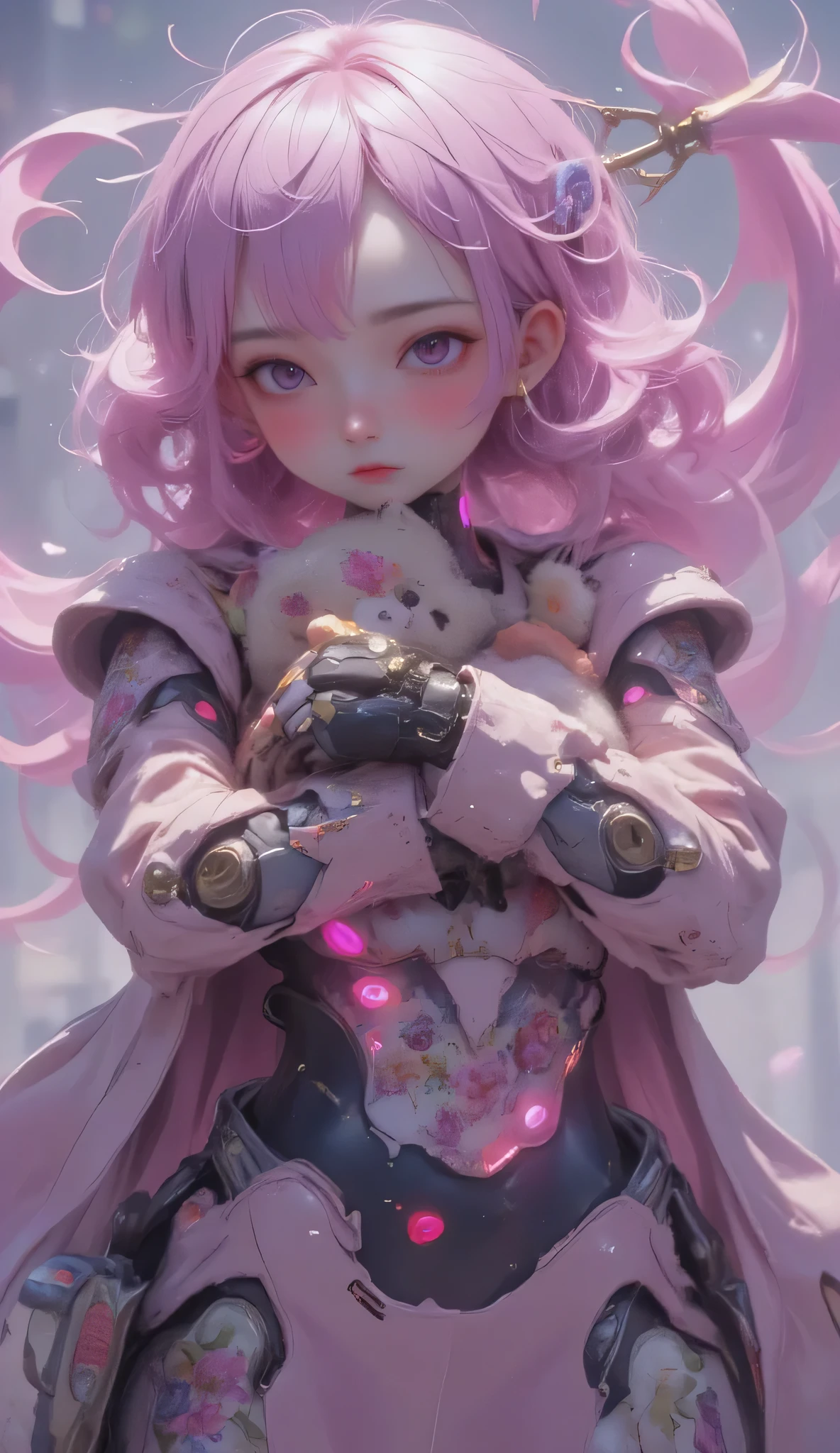 Cute girl robot holding a teddy bear. Colorful flower pattern on the body, equipped with a heavy beam gatling gun on the back, cute mood, joints and gaps glowing pink.. Hardcore machine. Latest animation style, cute pop music background, high brightness. Bright colors, pop music, relax. whole body