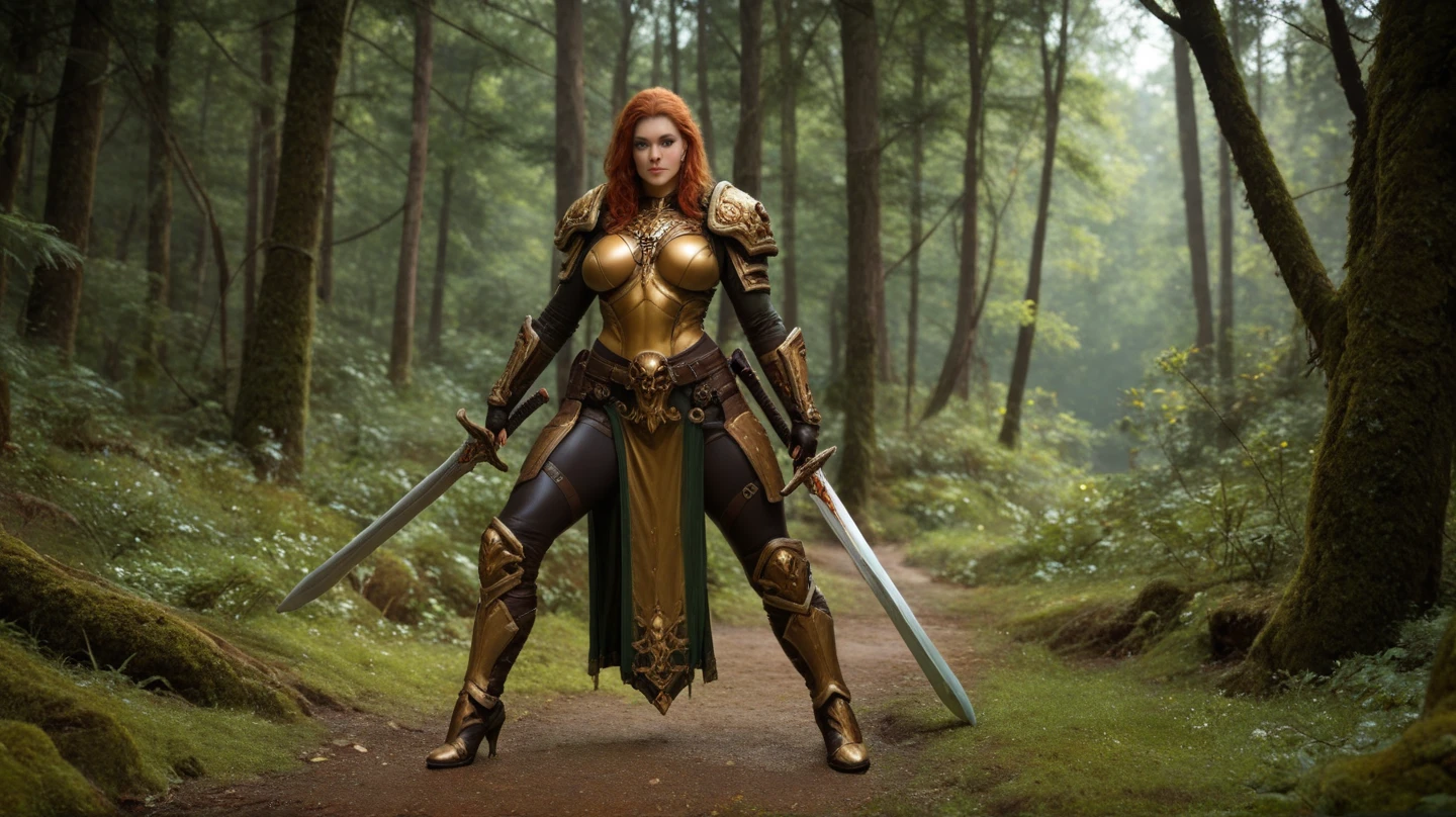 A photo of a Warhammer Sisters of Doom woman, Who wears silver and gold , in a forest,  holding a big sword 