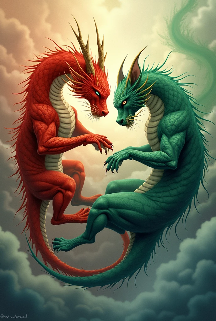 Chinese dragon,red,green,First-born horns,Double paws,Background natural scene