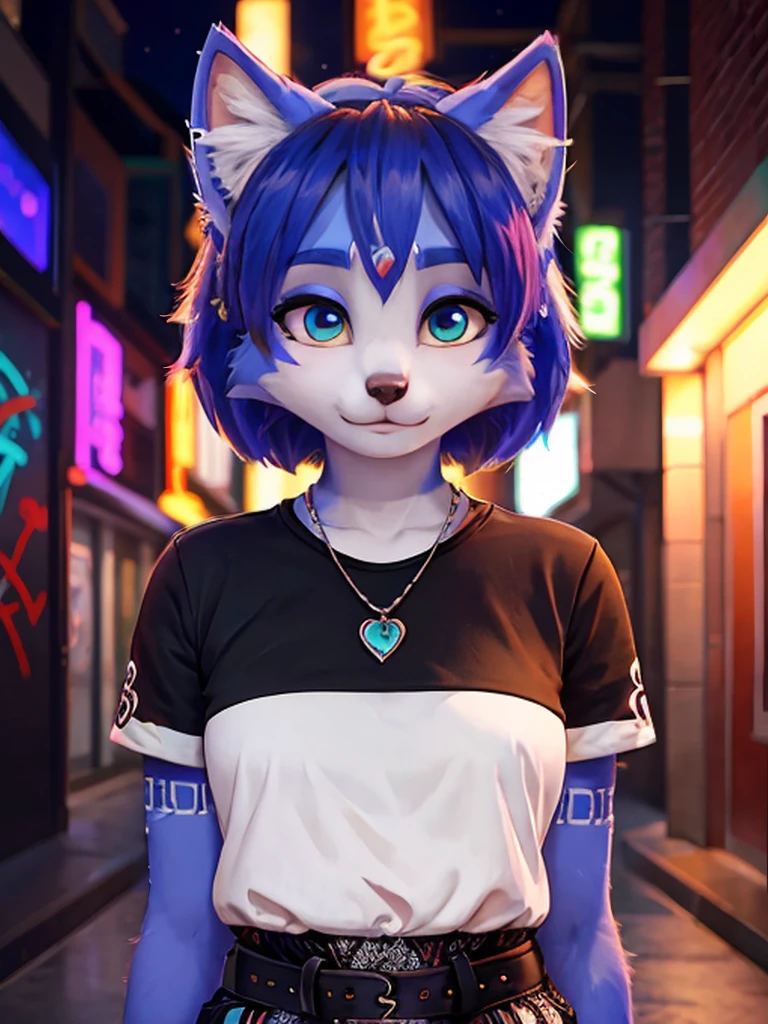 Portrait,((krystal)), Star Fox-Krystal, lovable, green eyes, (((  Long blue hair 1  .3))), Decollete, anthro, blurred,  detailed Fluffys fell,   detailed face  , (Fluffy),   1 girl, ,woman, Goth, green eyes, Undercut, Ultra-realistic 8k CG  ,   masterpiece, ((  ultra-accurate backgrounds, delicate patterns,   complex part  )),   best quality ,   complex part  s,   chromatic aberration,   1 girl, full height  ,   long hair, dirty hair,   red markings  ,   hair over one eye , Sharp eyes, Necklace, , colorful graffiti, Hallo, dim light,   roadway  ,   masterpiece,   best quality , , Score_9, Score_8_high, Score_7_high, emo haircut :1.4