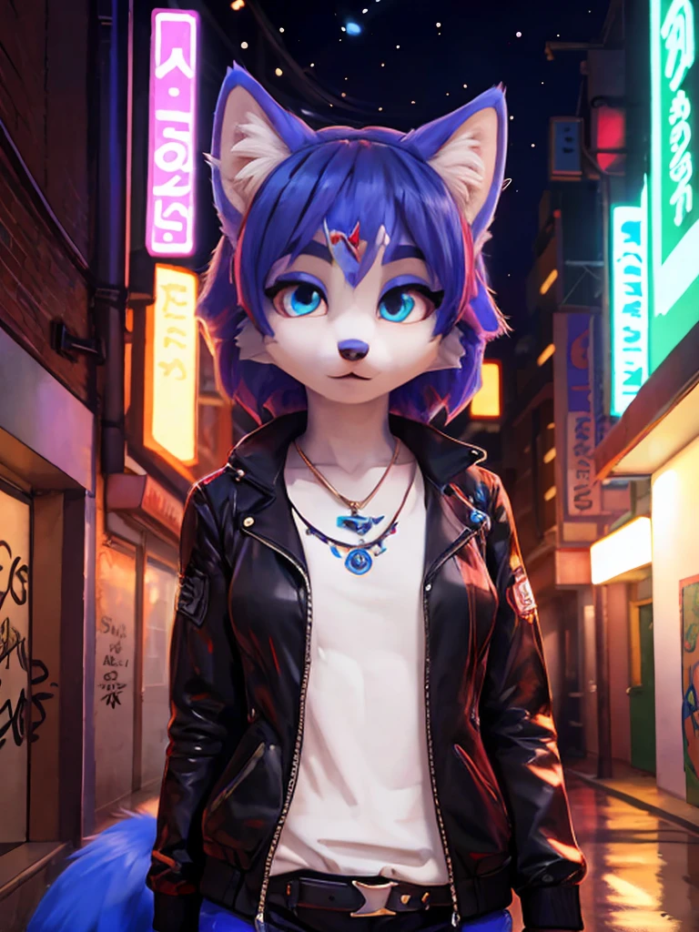 Portrait,((krystal)), Star Fox-Krystal, lovable, green eyes, (((  Long blue hair 1  .3))), Decollete, anthro, blurred,  detailed Fluffys fell,   detailed face  , (Fluffy),   1 girl, ,woman, Goth, green eyes, Undercut, Ultra-realistic 8k CG  ,   masterpiece, ((  ultra-accurate backgrounds, delicate patterns,   complex part  )),   best quality ,   complex part  s,   chromatic aberration,   1 girl, full height  ,   long hair, dirty hair,   red markings  ,   hair over one eye , Sharp eyes, Necklace, , colorful graffiti, Hallo, dim light,   roadway  ,   masterpiece,   best quality , , Score_9, Score_8_high, Score_7_high, emo haircut :1.4