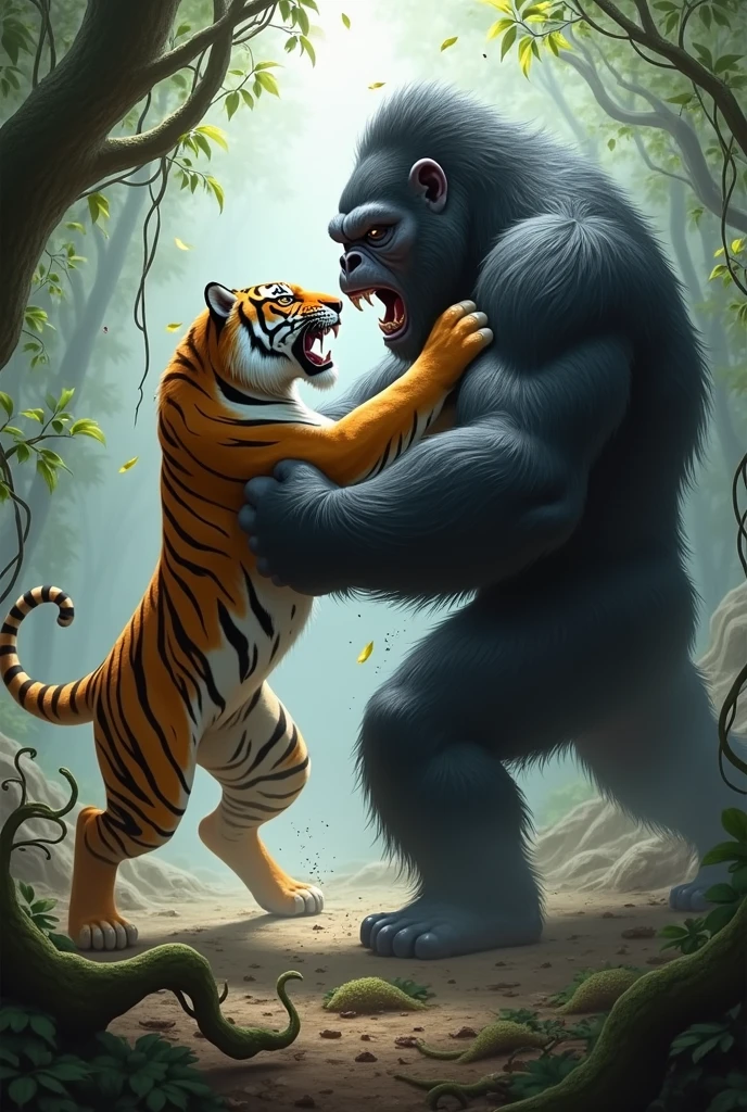 Angry danger tiger vs monkey fight big monkey,monkey under tiger leg