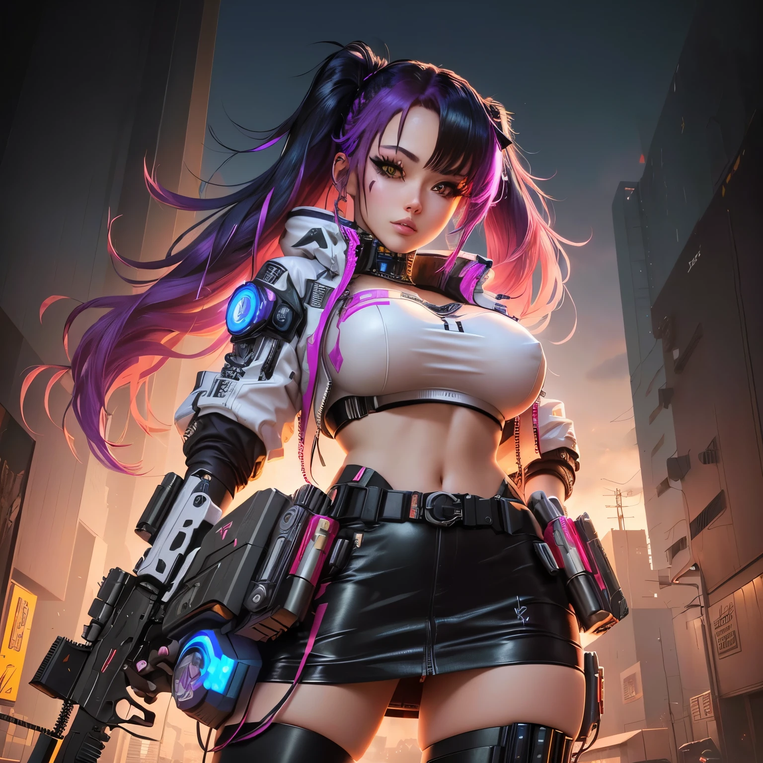 a tanned skinned girl, shoulder length curly hair with bangs, black with blue highlights, purple and pink, with dark purple eyes, serious expression, cyberpunkstyle