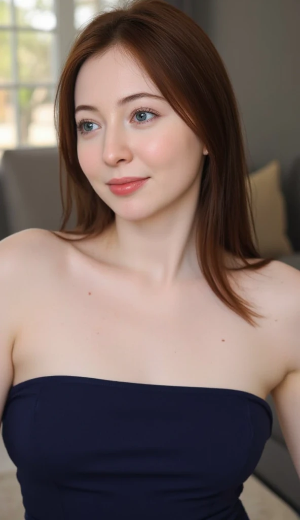 RAW photo of m0n4el1s4 woman, blue eyes, wearing a simple navy dress,, in a living room, detailed face, natural lighting, highly detailed, absurdres, smile happy
