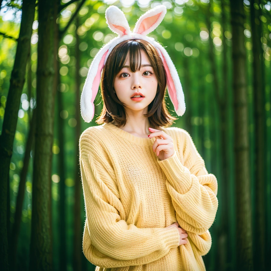 woman、( oversized _  wearing a sweater 、bunny_ear_ has :1.3)、Red bunny_ear、
Good move、4K、 high definition 、​masterpiece、 top quality 、頭w:1.3、(( Hasselblad Photo ))、 fine skin、 sharp concentration、( cinematic lighting)、 soft lighting 、dynamic ungle、[:( detailed face :1.2):0.2]、 medium breasts、((In the forest)))、