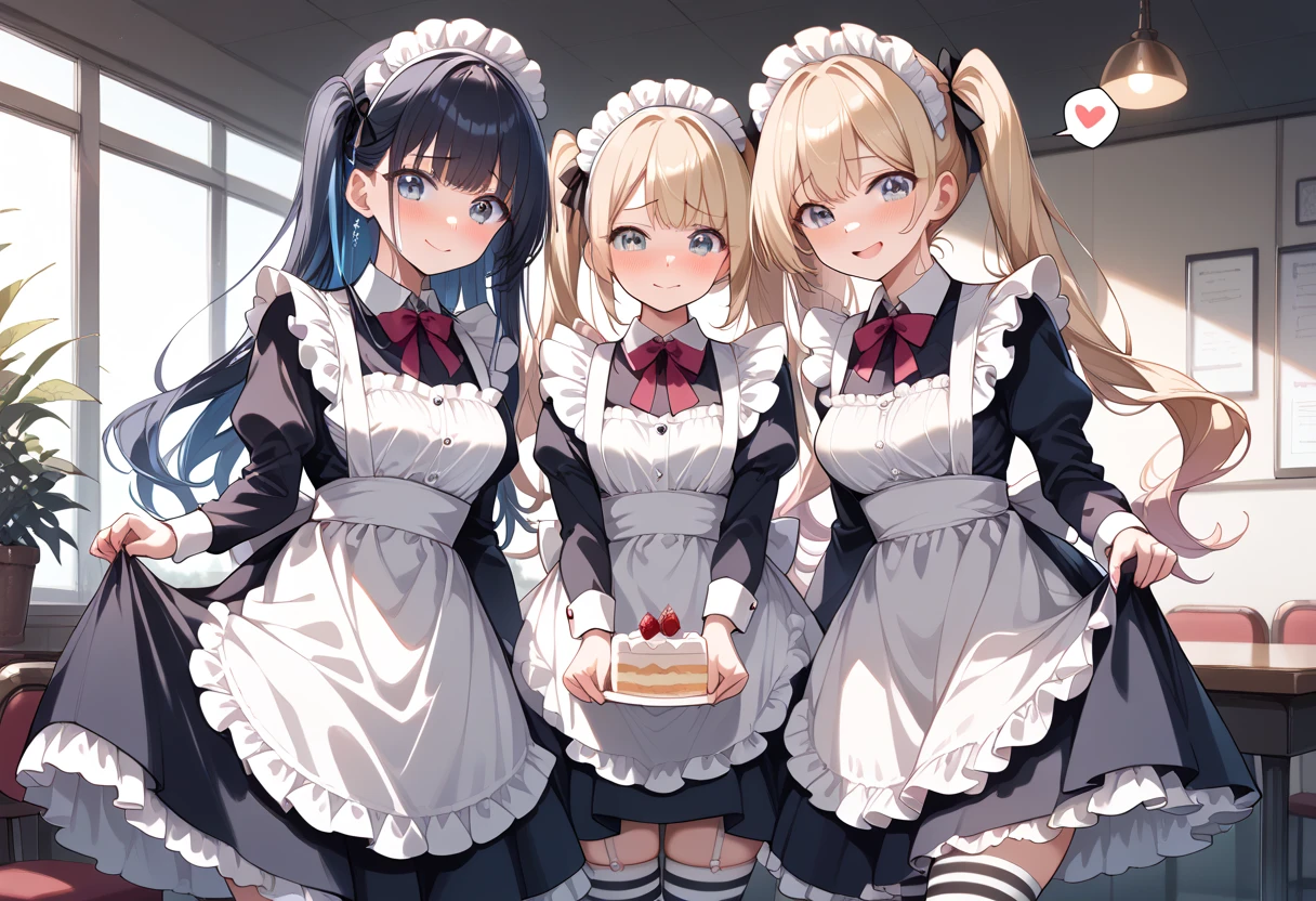 ((masterpiece, best quality, ultra detailed, high resolution, detailed facial description)), (2 girls:1.3, Girls with height differences), (1 girl is tall:1.2, black long hair), (1 girl is short:1.2, twin tails), (maid, maid headdress, maid apron), (mini skirt:1.2, black and white striped thigh highs:1.1), (lifted by self, skirt lift:1.3, show panties:1.1), (modest breasts:1.3), (good smile, embarrassed:1.1, blush:1.3), (spoken heart), (flashing breasts:1.3, teasing:1.1), leaning forward, standing, (inside, maid cafe:1.1, Cake on the table), nsfw