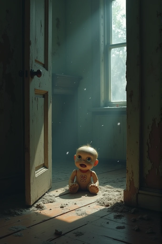 A miniature, detailed and hyper-realistic scene, a very detailed child miniature scene, a disturbing atmosphere, dramatic lighting, a moody and eerie color palette, dark dimly lit abandoned house, horror elements, a cinematic composition, a photorealistic masterpiece.