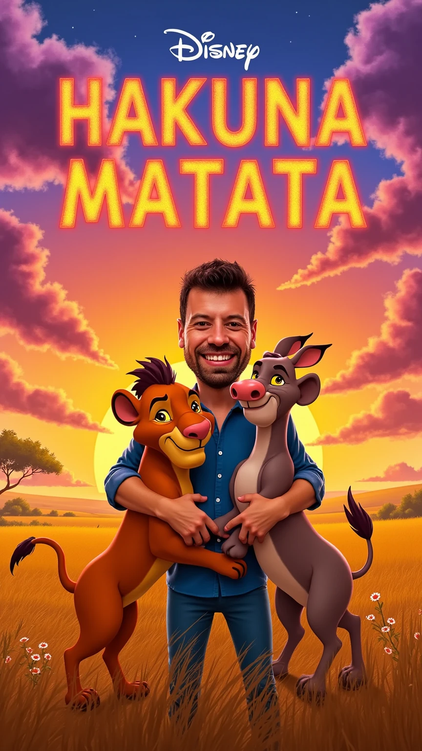 prompt
A vibrant and caricatured depiction of a joyful man in the iconic savanna setting of *The Lion King*, standing in the middle of Timon (a suricate) and Pumbaa (a warthog). The man is hugging both characters warmly, with Timon perched on his shoulder, smirking mischievously, and Pumbaa leaning in from the side with a goofy, cheerful grin. The man looks directly at the camera, smiling brightly, his expression full of happiness and playfulness. The golden grasslands stretch out in the background, with the warm glow of a magical sunset bathing the scene in vibrant hues. Above them, the sky is filled with fluffy, colorful clouds that spell out the words "HAKUNA MATATA" in large, soft lettering, glowing gently against the rich sunset tones. The art style is inspired by Disney, with a whimsical and charming aesthetic, but also includes realistic textures, such as the fur on Pumbaa, Timon’s delicate whiskers, and subtle details on the man’s clothing and skin. The overall atmosphere is joyful, fun, and full of life, capturing the nostalgic and magical vibe of *The Lion King* in a fresh, dynamic composition.
