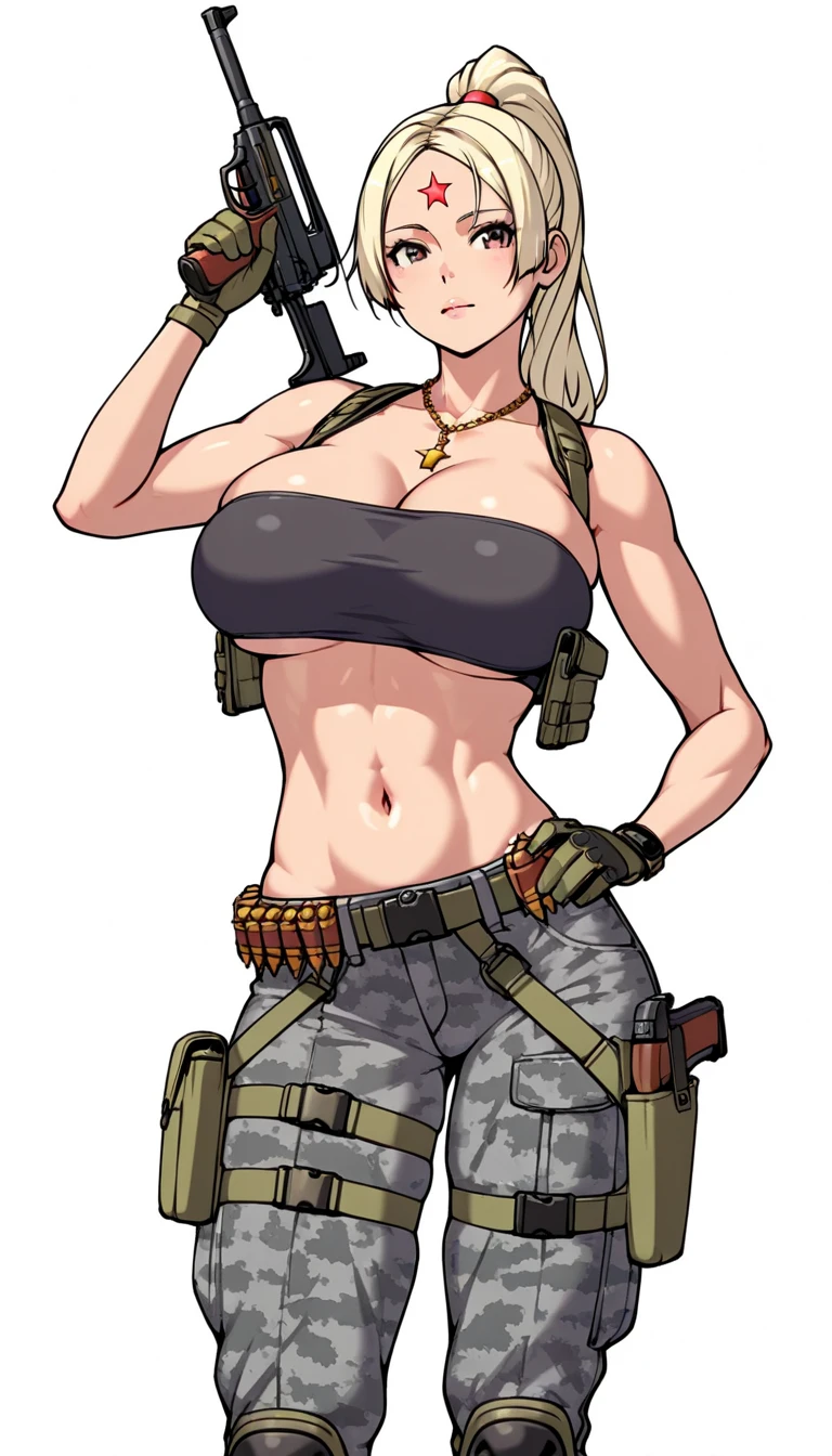 Octobriana blonde with pigtail on top of her head, toned female, solo, Red star forehead tattoo, black bandeau tube bra over her breasts, necklace ; Bullet belt; pistol and holster; Shoulder chain and sheath holding Indonesian kris knife., wearing camouflage yoga pants, tube bandeau bra, seamless bandeau bra, large breasts, underboob ; Fine Eyes
 