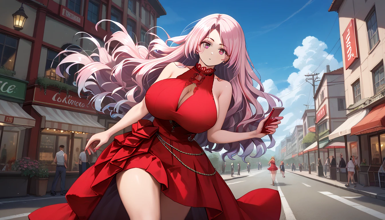 score_9, score_8_up, score_7_up, solo, 1 girl, (( best quality)), L.d.S.D.d.Abruzzi_kantaicollection, pink eyes, large breasts, curly hair, red sleeveless dress, cleavage cutout, official alternate costume, Thighs, ravines, blue sky, ((Background on the street)), pinkhair, ((((hyper breasts), first-person view, anime, best quality, masterpiece, highres