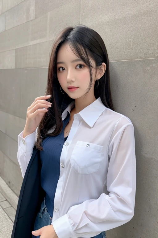 A beautiful girl in a white and pink striped shirt, pastel pink gloves, shoulder length messy black hair, wearing pastel blue cargo pants, full body shot, photorealistic, hyper detailed, masterpiece, (best quality,4k,8k,highres,masterpiece:1.2),ultra-detailed,(realistic,photorealistic,photo-realistic:1.37),HDR,UHD,studio lighting,ultra-fine painting,sharp focus,physically-based rendering,extreme detail description,professional,vivid colors,bokeh,portrait, Korean, pale skin, pretty